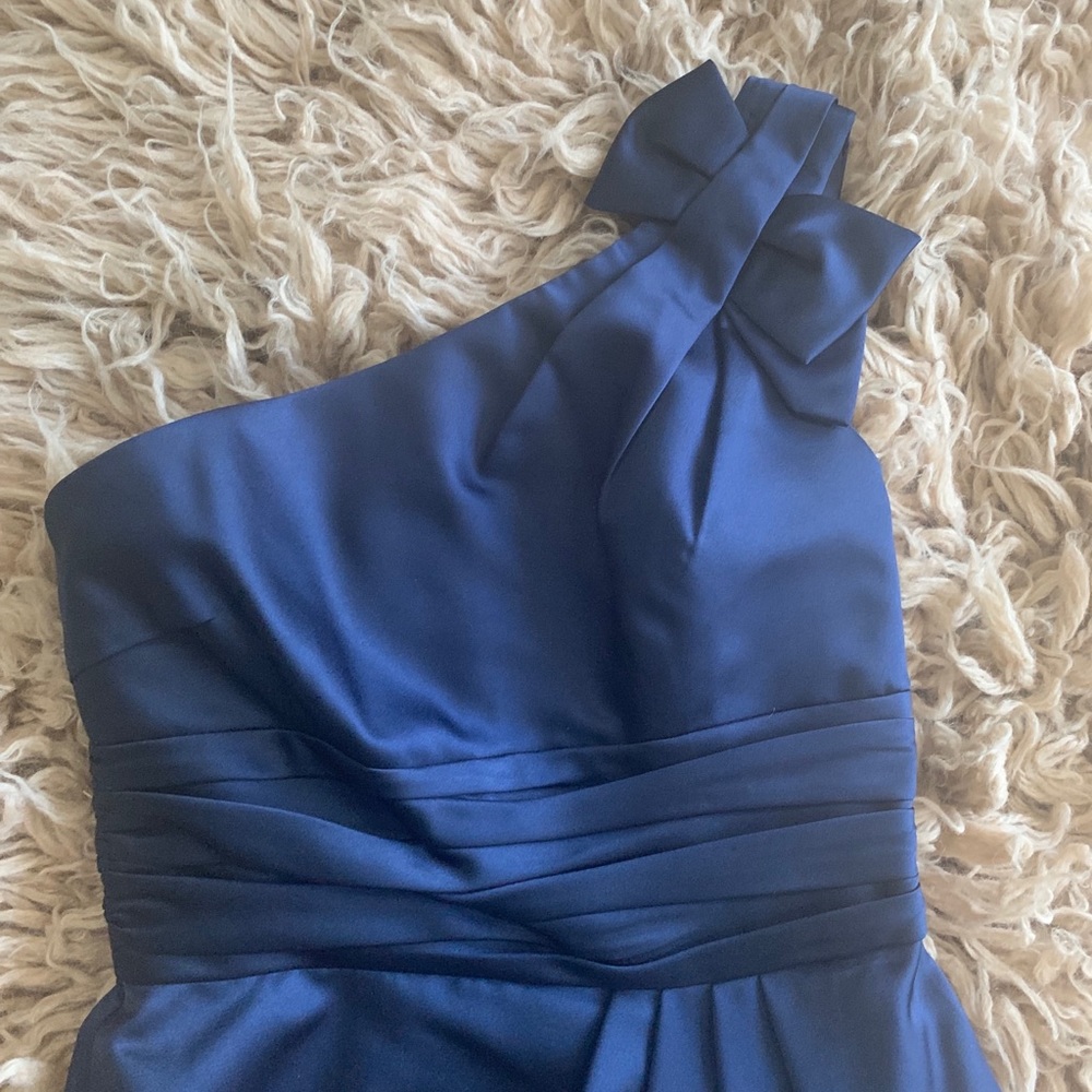 David’s Bridal blue satin one shoulder dress